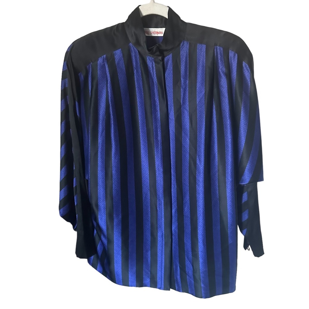 Vintage Jerri Sherman Striped Mandarin Collar Silk Top Blue Black Size 10